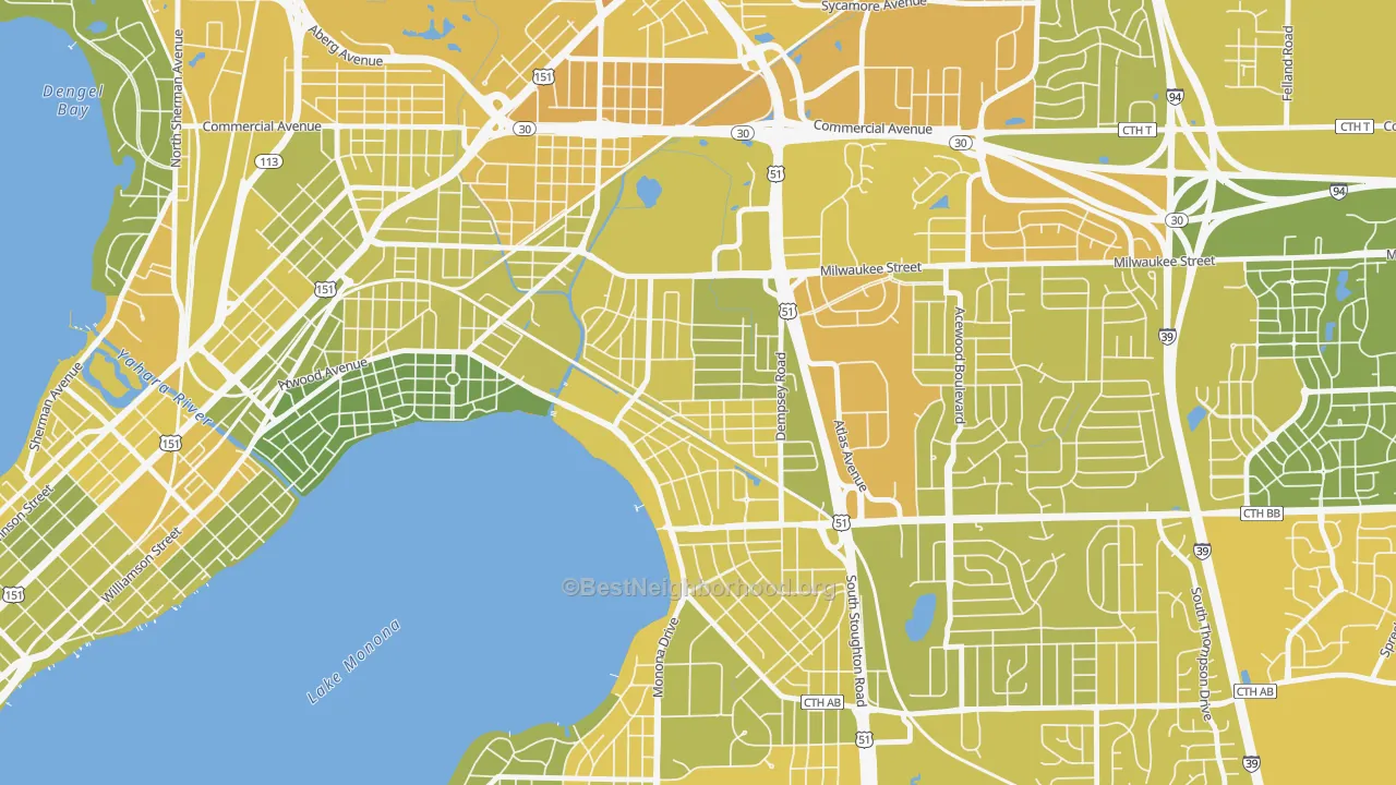 Map of the best neighborhoods in the Eastmorland, Madison area, with better matches in green and worse matches in red