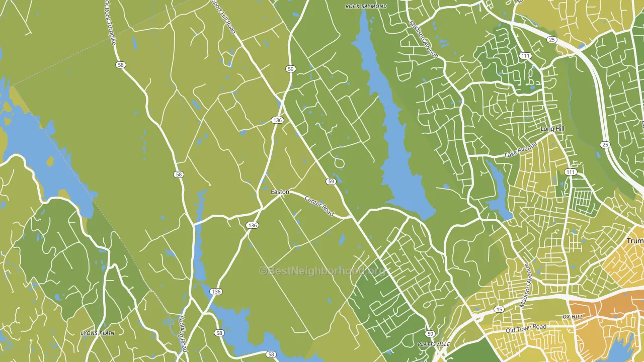 Map of the best neighborhoods in the Easton area, with better matches in green and worse matches in red