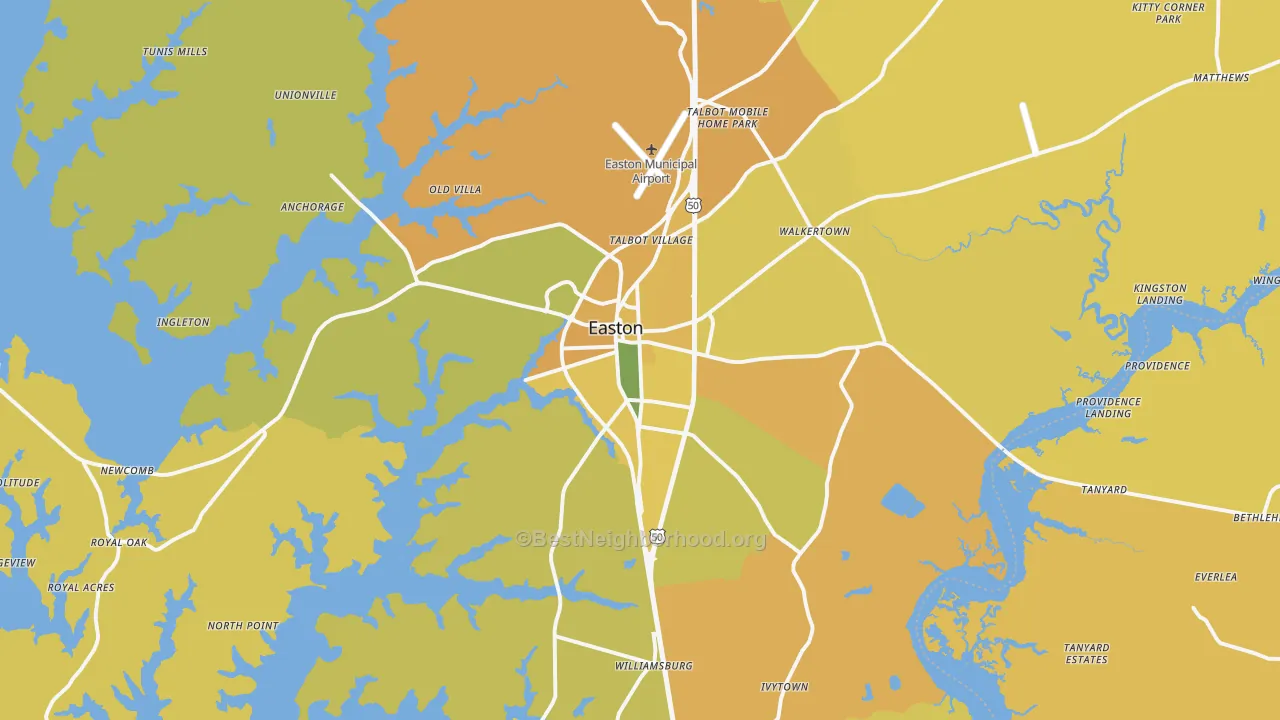 Map of the best neighborhoods in the Easton area, with better matches in green and worse matches in red