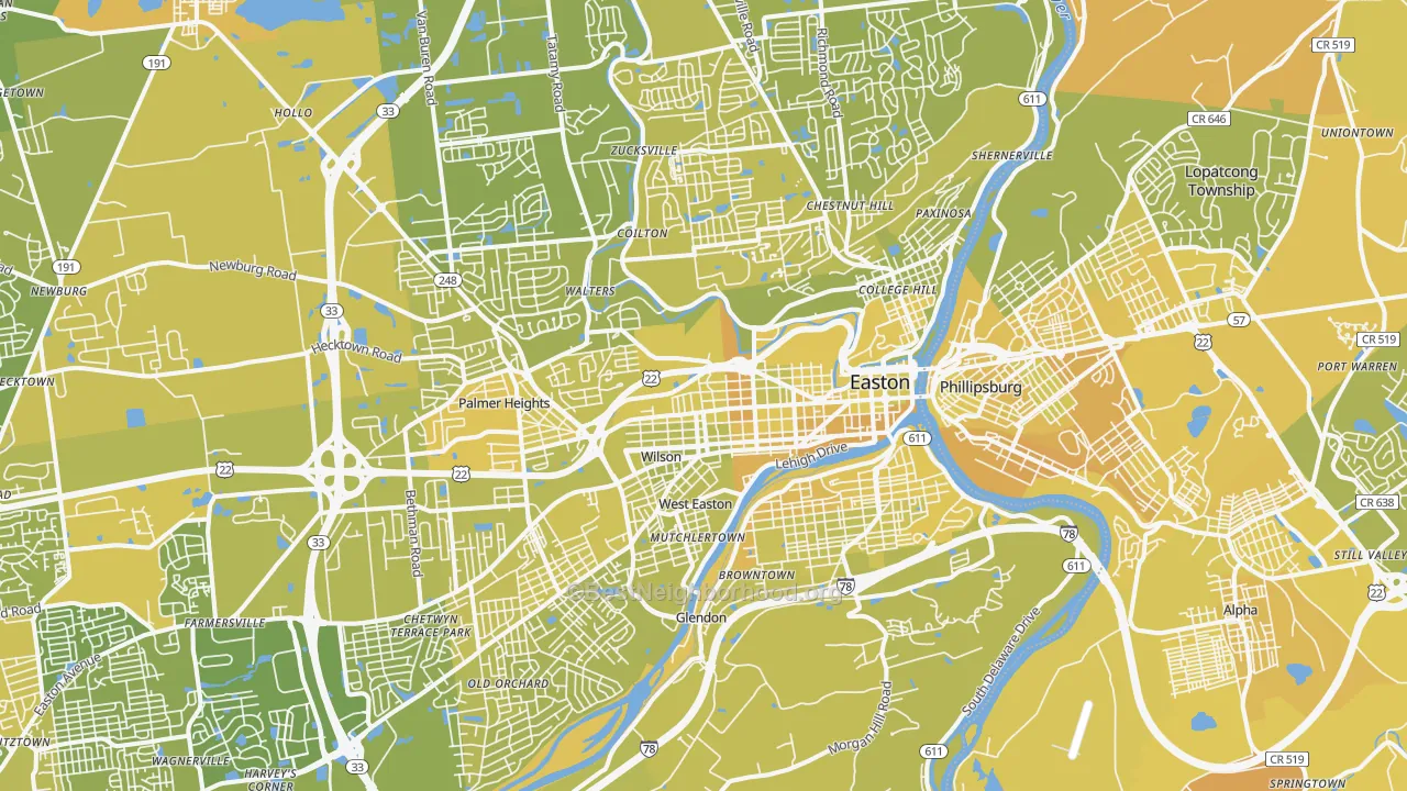 Map of the best neighborhoods in the Easton area, with better matches in green and worse matches in red