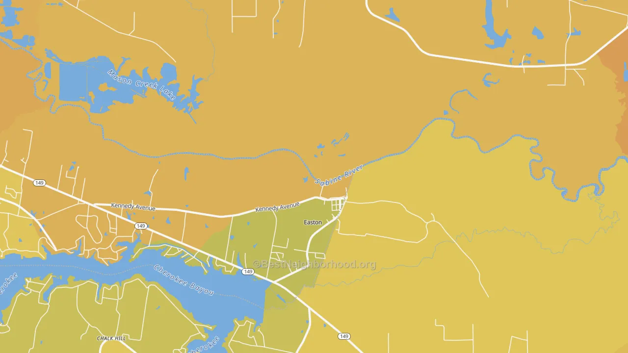 Map of the best neighborhoods in the Easton area, with better matches in green and worse matches in red