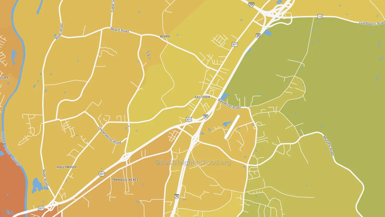 Map of the best neighborhoods in the Eastover area, with better matches in green and worse matches in red