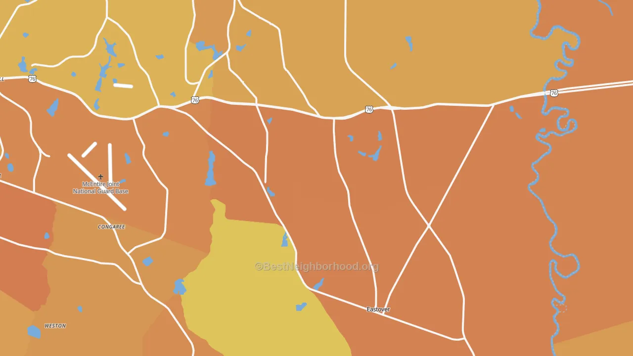 Map of the best neighborhoods in the Eastover area, with better matches in green and worse matches in red