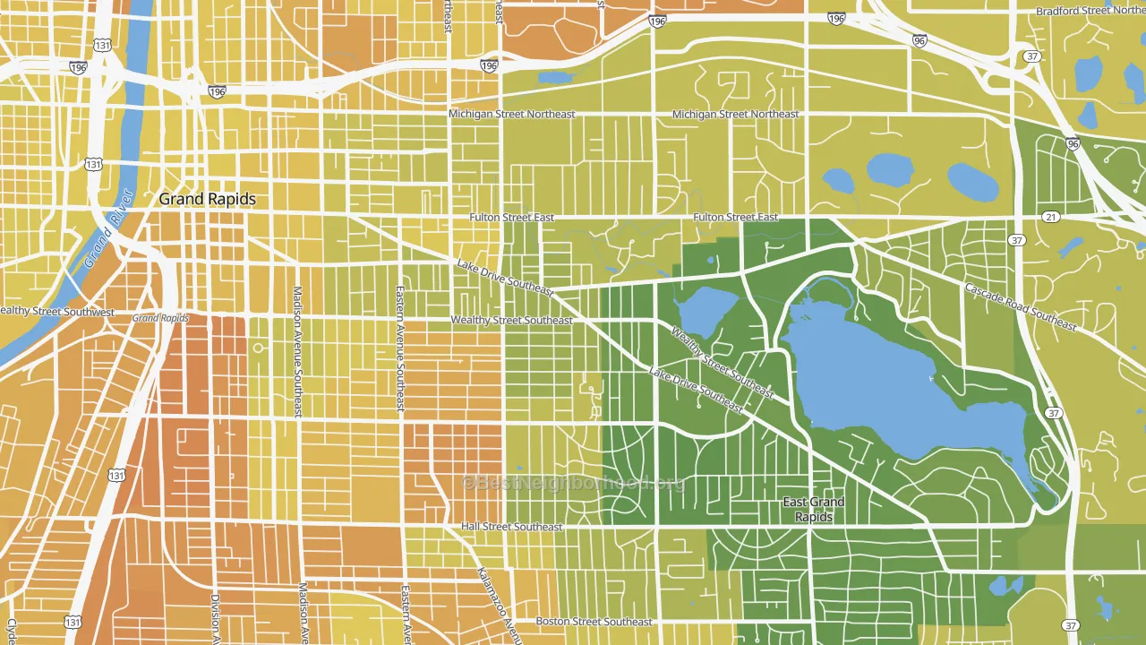 Map of the best neighborhoods in the Eastown, Grand Rapids area, with better matches in green and worse matches in red