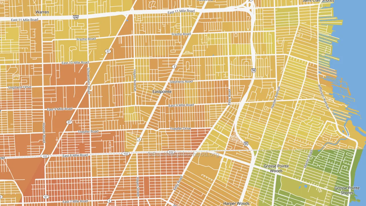 Map of the best neighborhoods in the Eastpointe area, with better matches in green and worse matches in red
