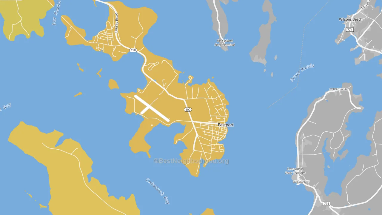 Map of the best neighborhoods in the Eastport area, with better matches in green and worse matches in red