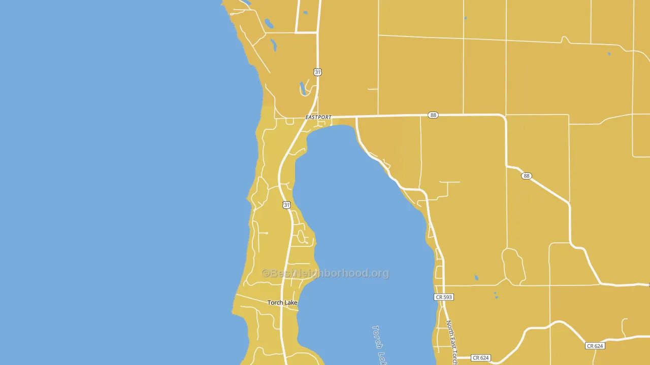 Map of the best neighborhoods in the Eastport area, with better matches in green and worse matches in red