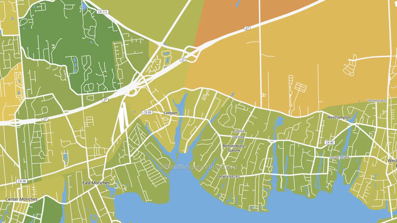 Map of the best neighborhoods in the Eastport area, with better matches in green and worse matches in red
