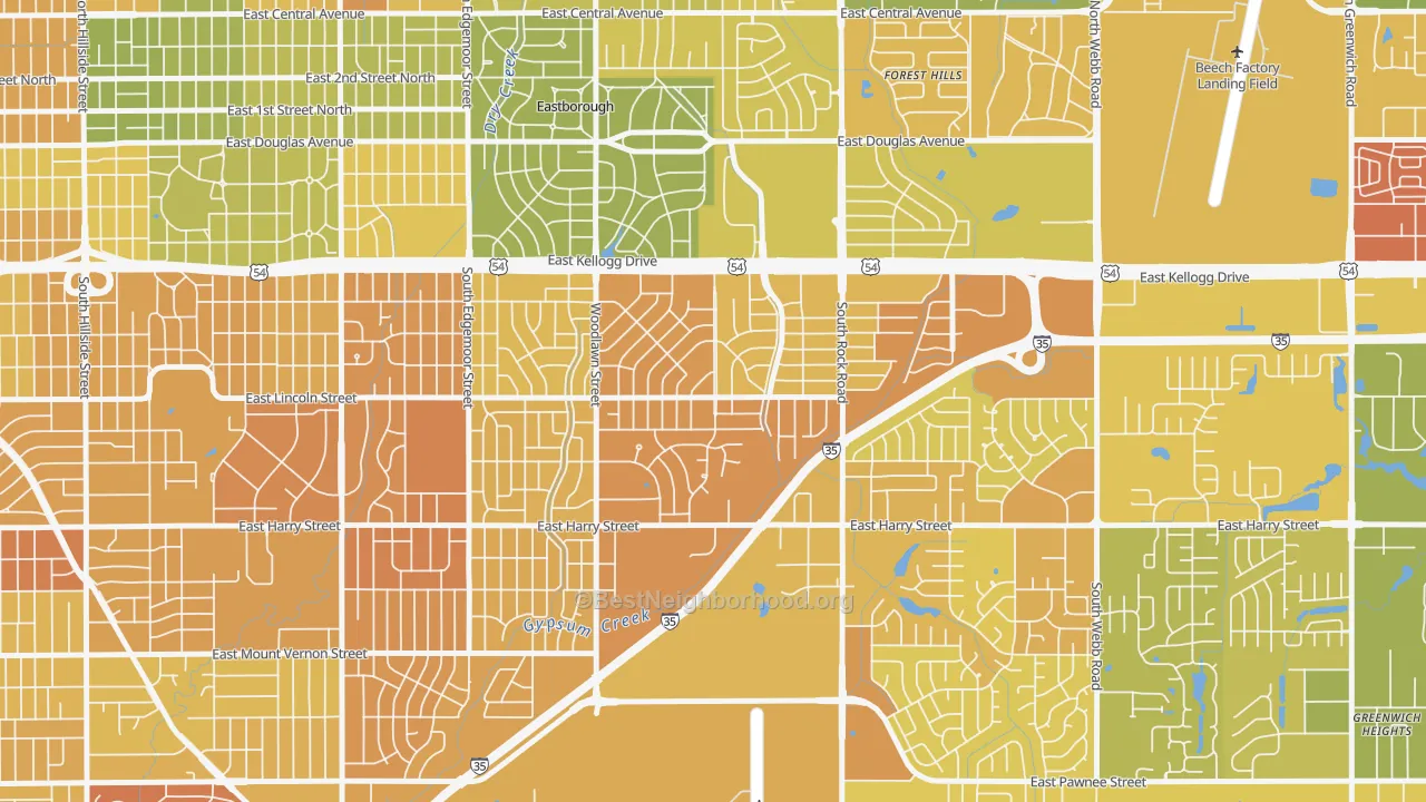 Map of the best neighborhoods in the Eastridge, Wichita area, with better matches in green and worse matches in red