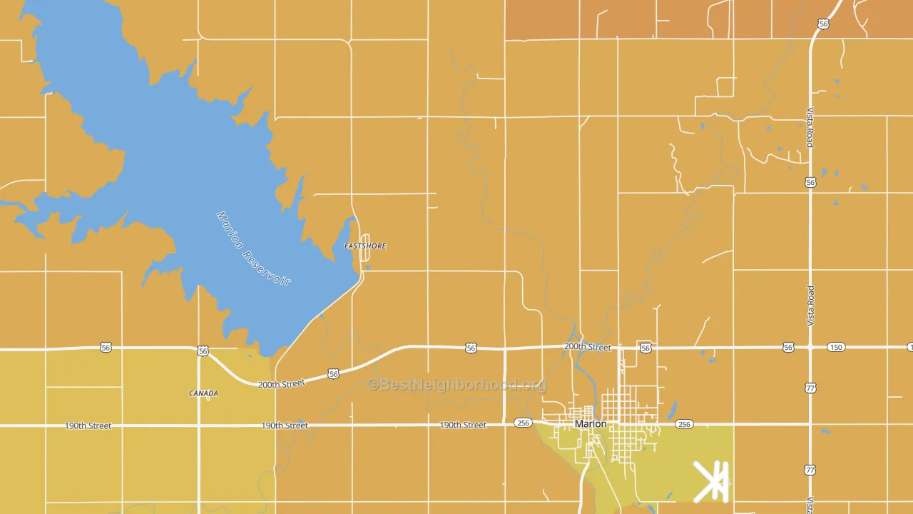 Map of the best neighborhoods in the Eastshore area, with better matches in green and worse matches in red