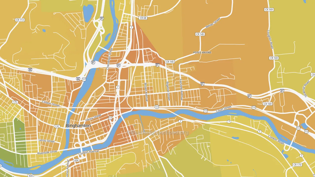 Map of the best neighborhoods in the Eastside, Binghamton area, with better matches in green and worse matches in red