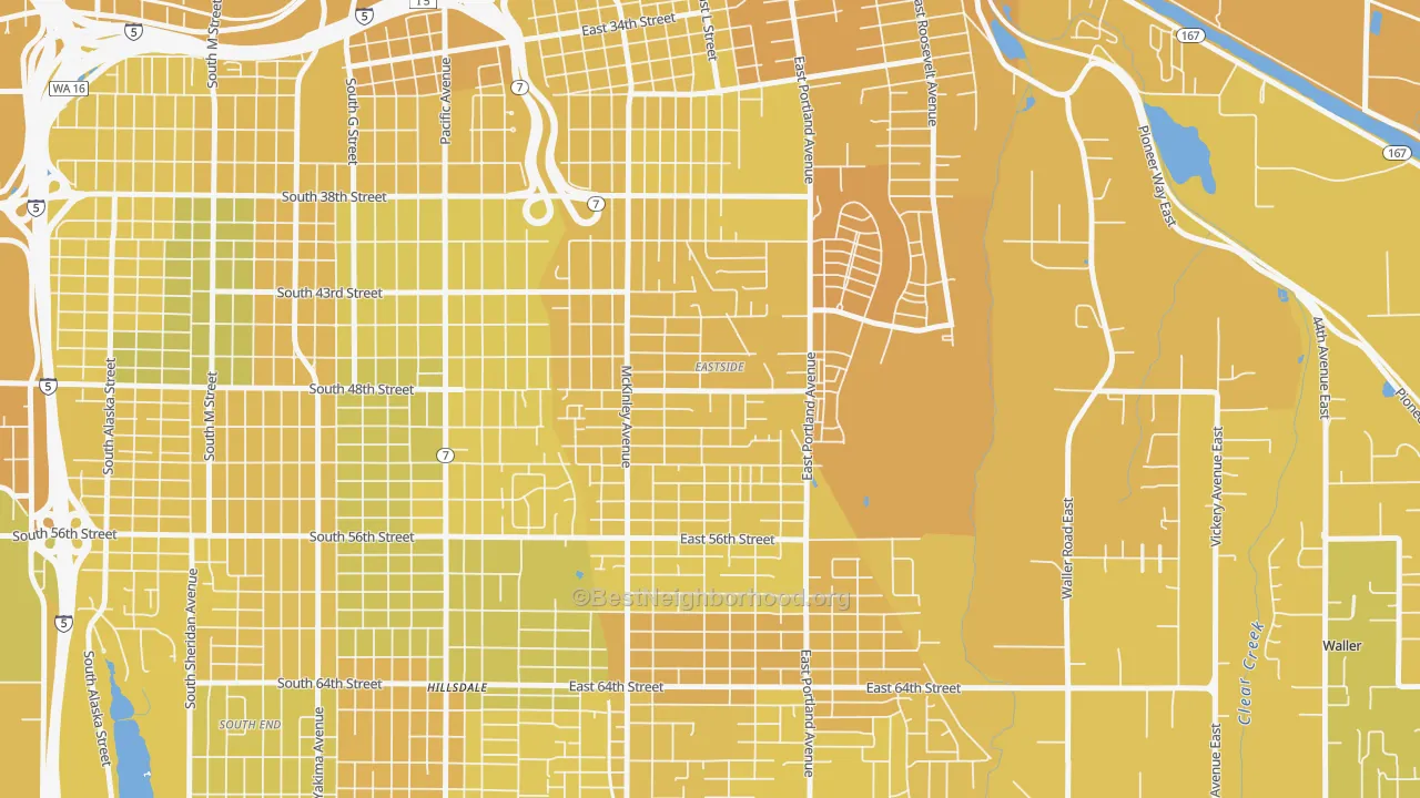 Map of the best neighborhoods in the Eastside Enact, Tacoma area, with better matches in green and worse matches in red