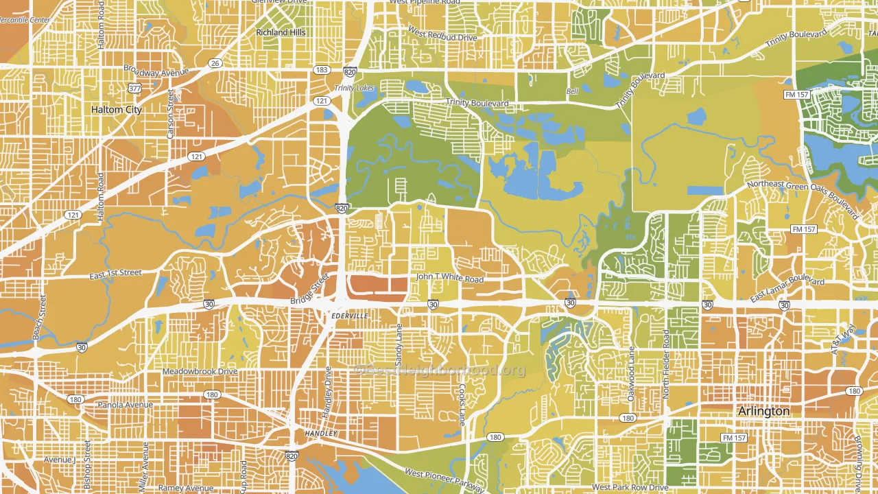 Map of the best neighborhoods in the Eastside, Fort Worth area, with better matches in green and worse matches in red