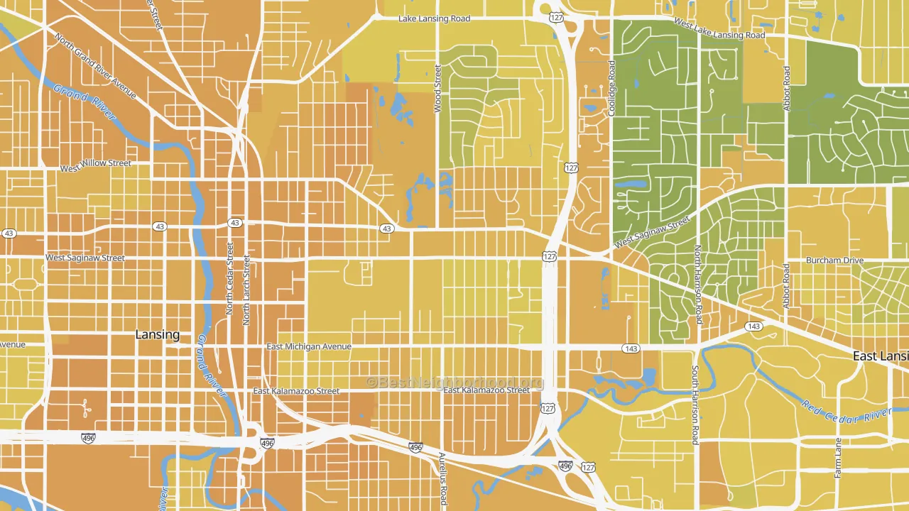 Map of the best neighborhoods in the Eastside Lansing, Lansing area, with better matches in green and worse matches in red