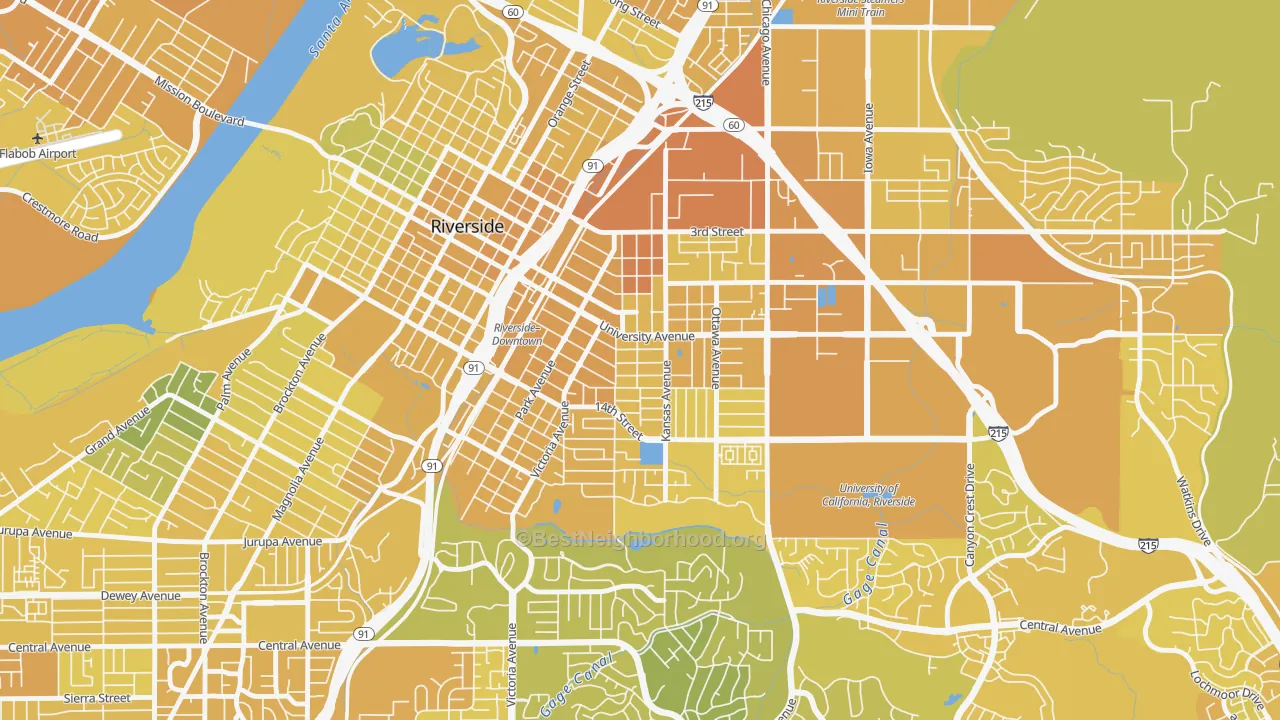 Map of the best neighborhoods in the Eastside, Riverside area, with better matches in green and worse matches in red