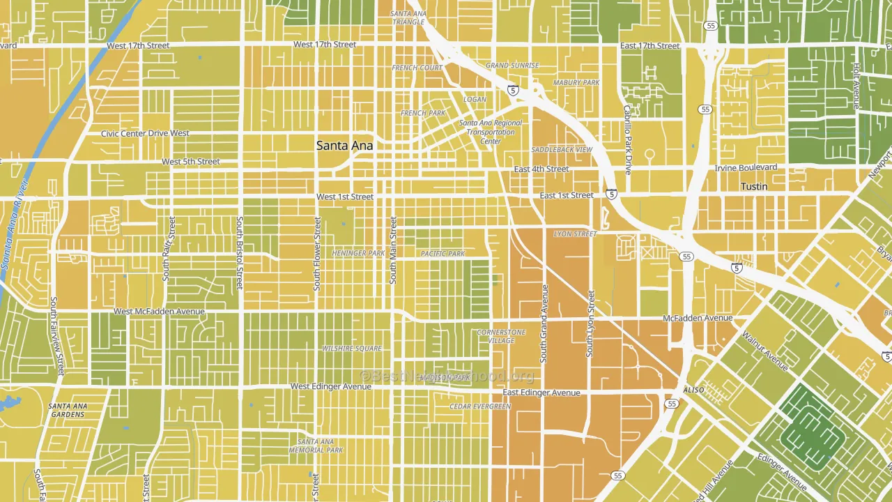 Map of the best neighborhoods in the Eastside Santa Ana, Santa Ana area, with better matches in green and worse matches in red
