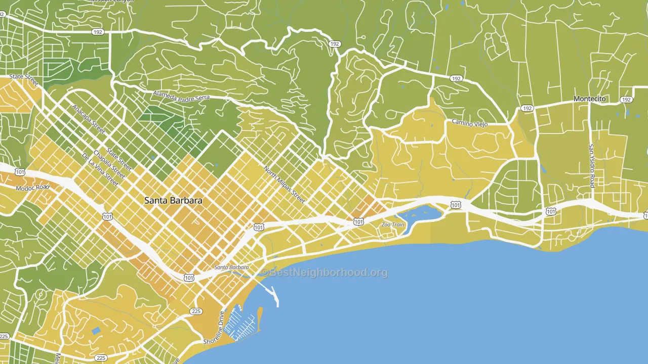 Map of the best neighborhoods in the Eastside Santa Barbara, Santa Barbara area, with better matches in green and worse matches in red