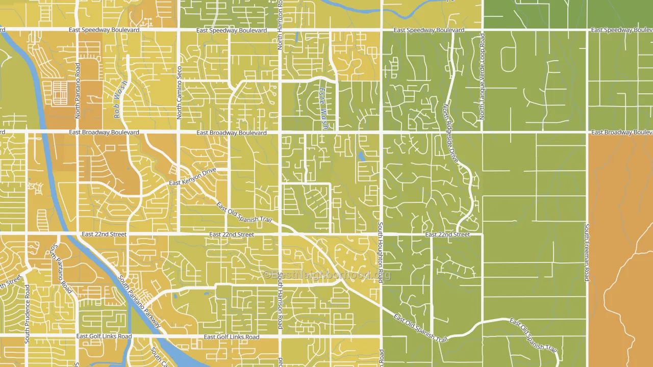 Map of the best neighborhoods in the Eastside, Tucson area, with better matches in green and worse matches in red