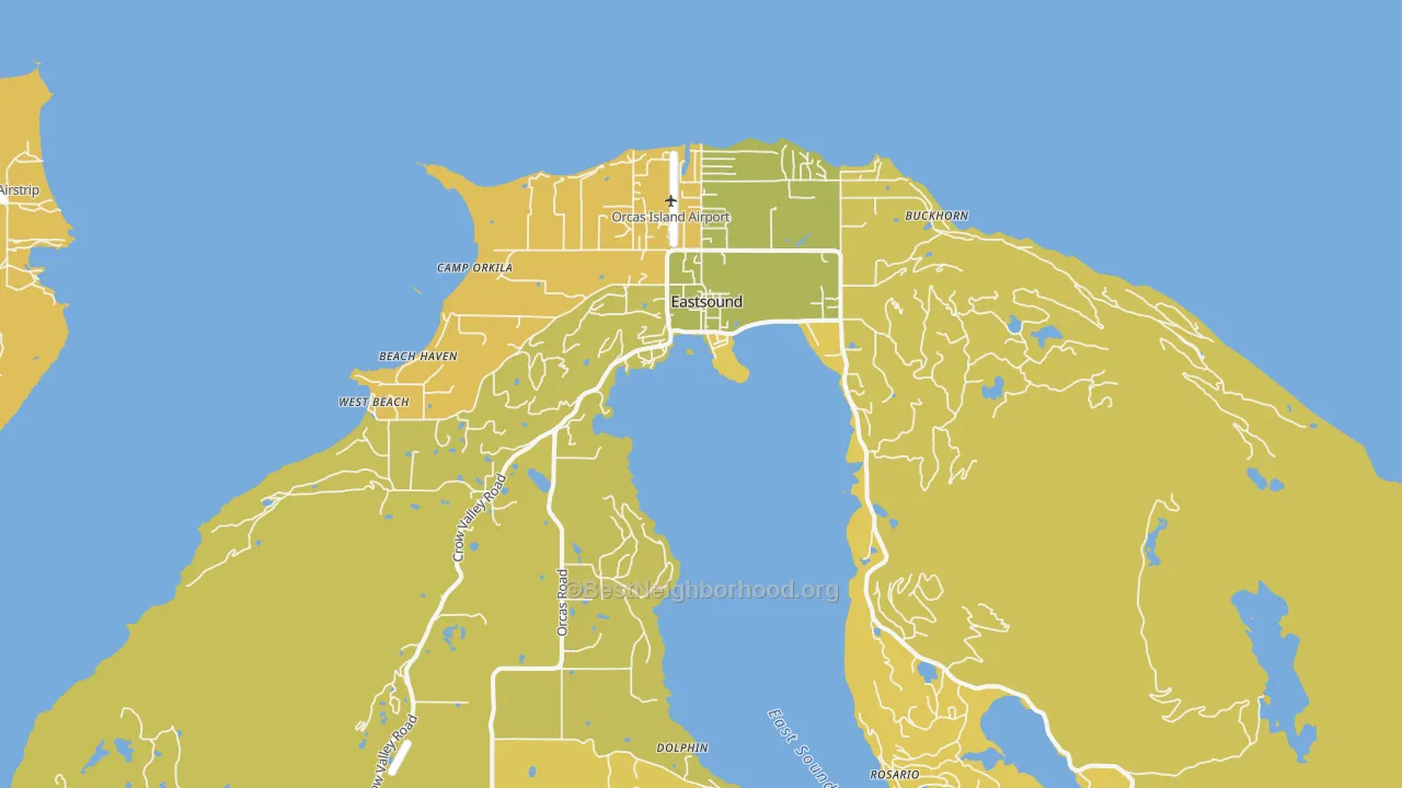 Map of the best neighborhoods in the Eastsound area, with better matches in green and worse matches in red