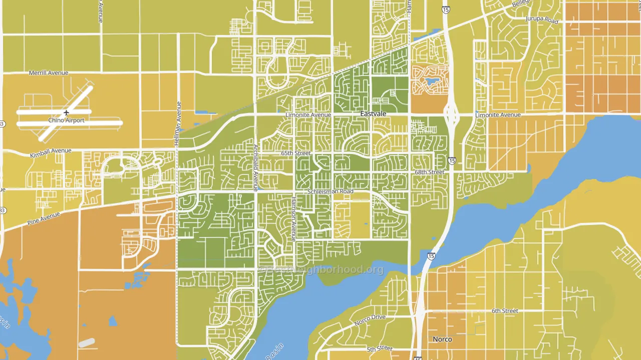 Map of the best neighborhoods in the Eastvale area, with better matches in green and worse matches in red