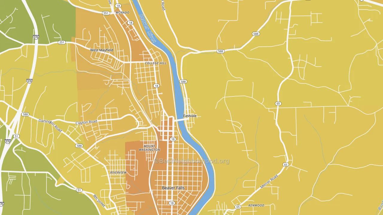 Map of the best neighborhoods in the Eastvale area, with better matches in green and worse matches in red
