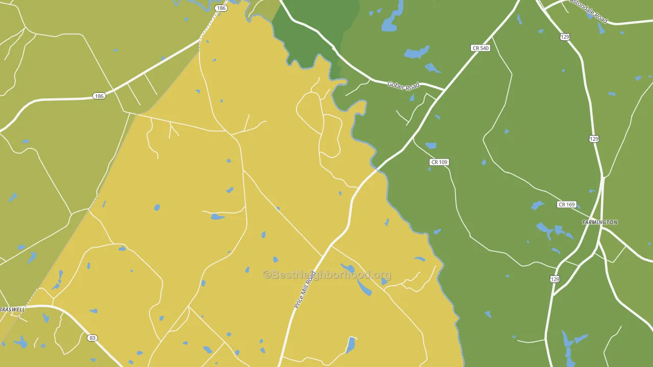 Map of the best neighborhoods in the Eastville area, with better matches in green and worse matches in red