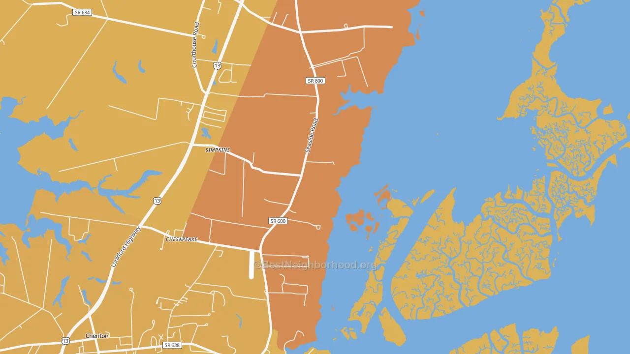 Map of the best neighborhoods in the Eastville Station area, with better matches in green and worse matches in red