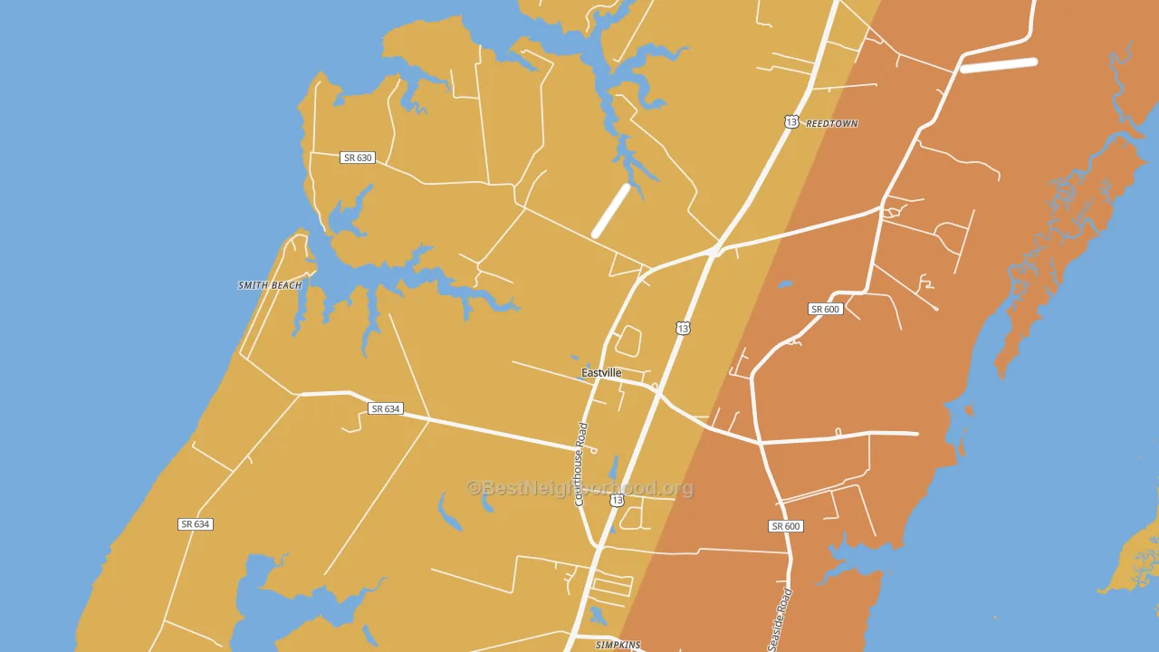 Map of the best neighborhoods in the Eastville area, with better matches in green and worse matches in red