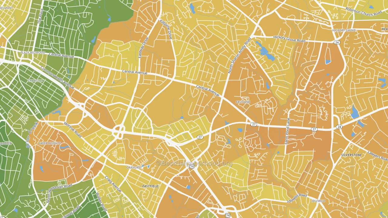 Map of the best neighborhoods in the Eastway-Sheffield Park, Charlotte area, with better matches in green and worse matches in red