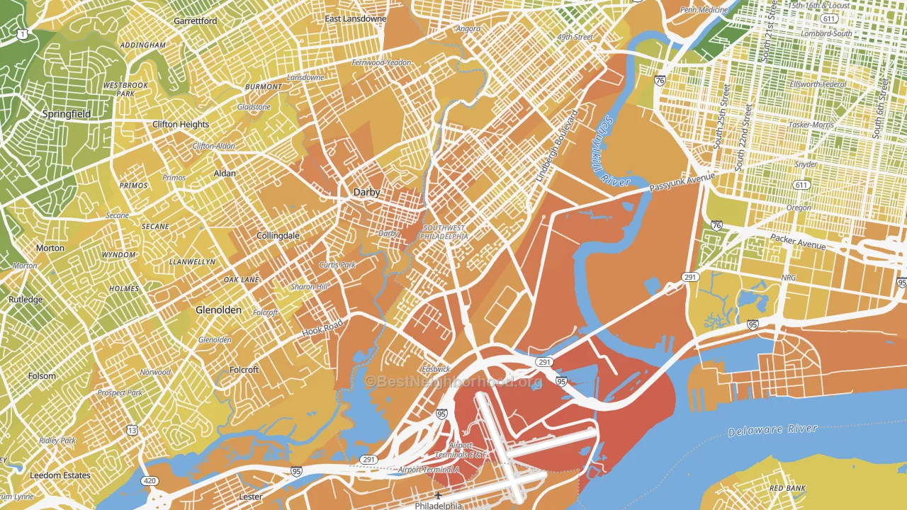 Map of the best neighborhoods in the Eastwick, Philadelphia area, with better matches in green and worse matches in red