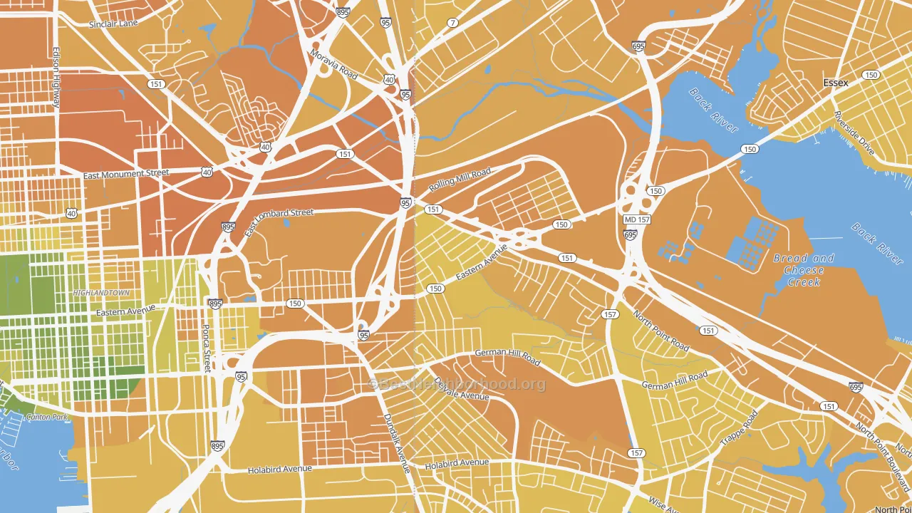 Map of the best neighborhoods in the Eastwood, Dundalk area, with better matches in green and worse matches in red