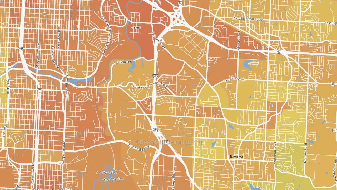 Map of the best neighborhoods in the Eastwood Hills, Kansas City area, with better matches in green and worse matches in red