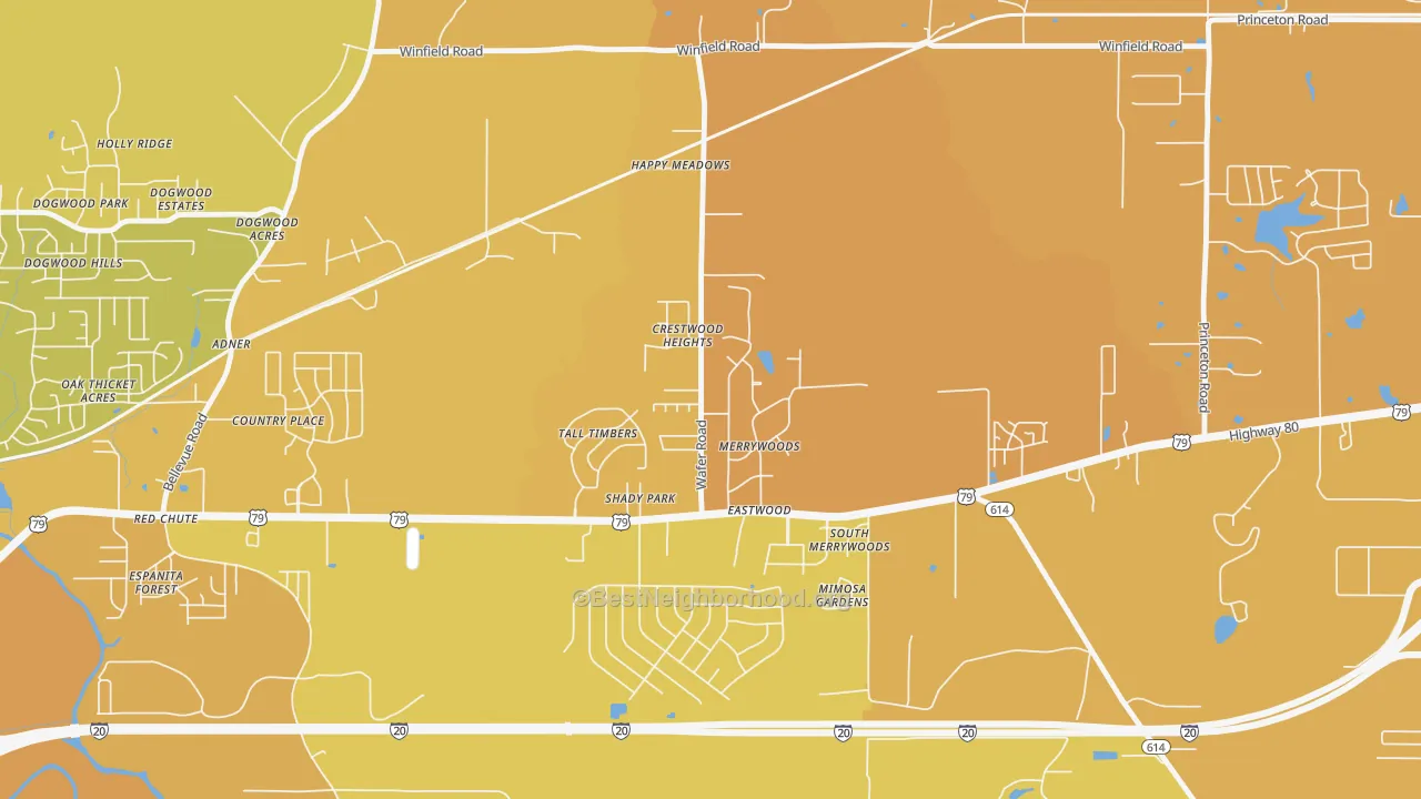 Map of the best neighborhoods in the Eastwood area, with better matches in green and worse matches in red