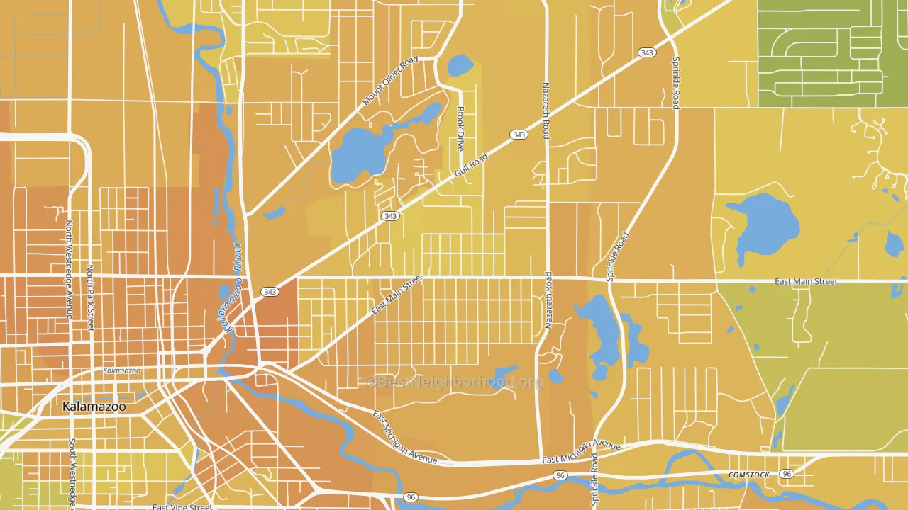 Map of the best neighborhoods in the Eastwood area, with better matches in green and worse matches in red