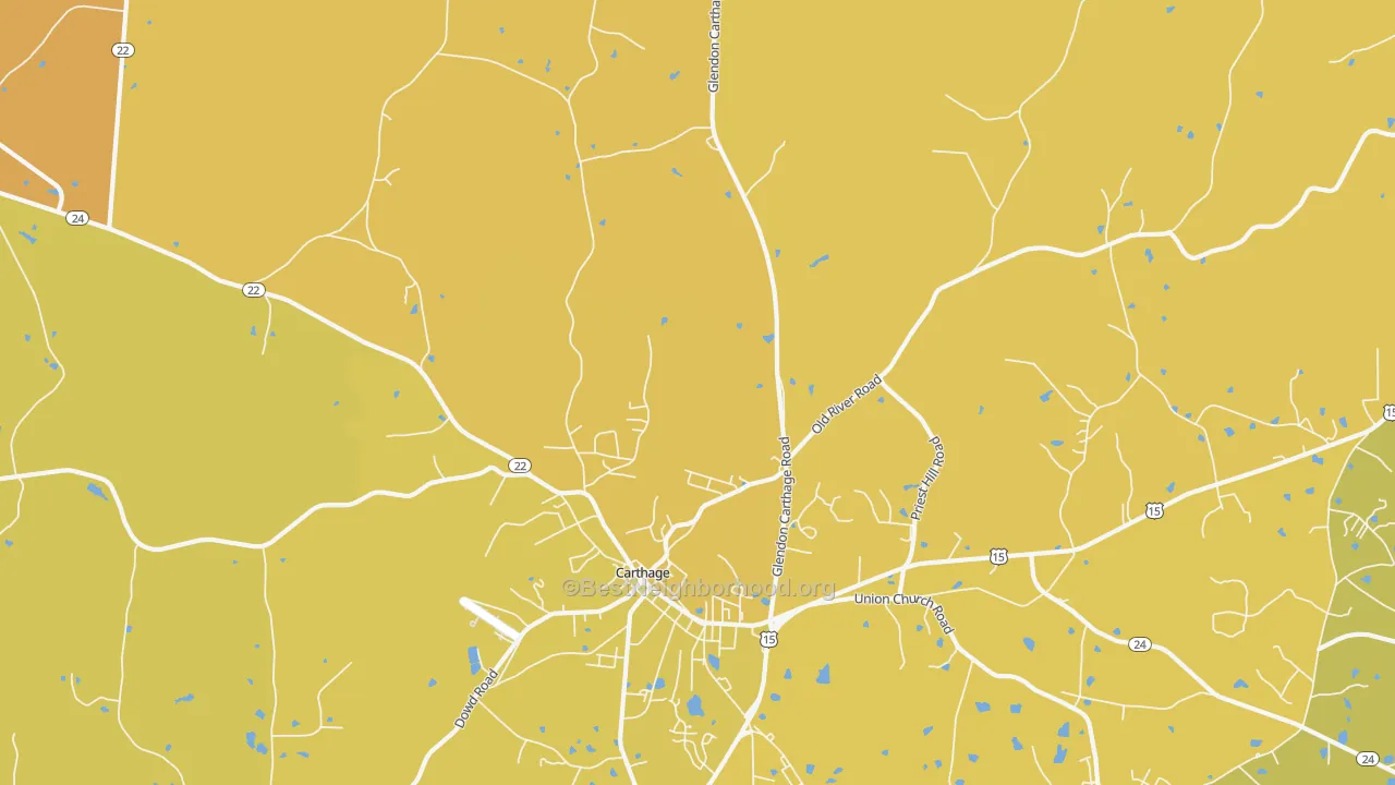 Map of the best neighborhoods in the Eastwood area, with better matches in green and worse matches in red