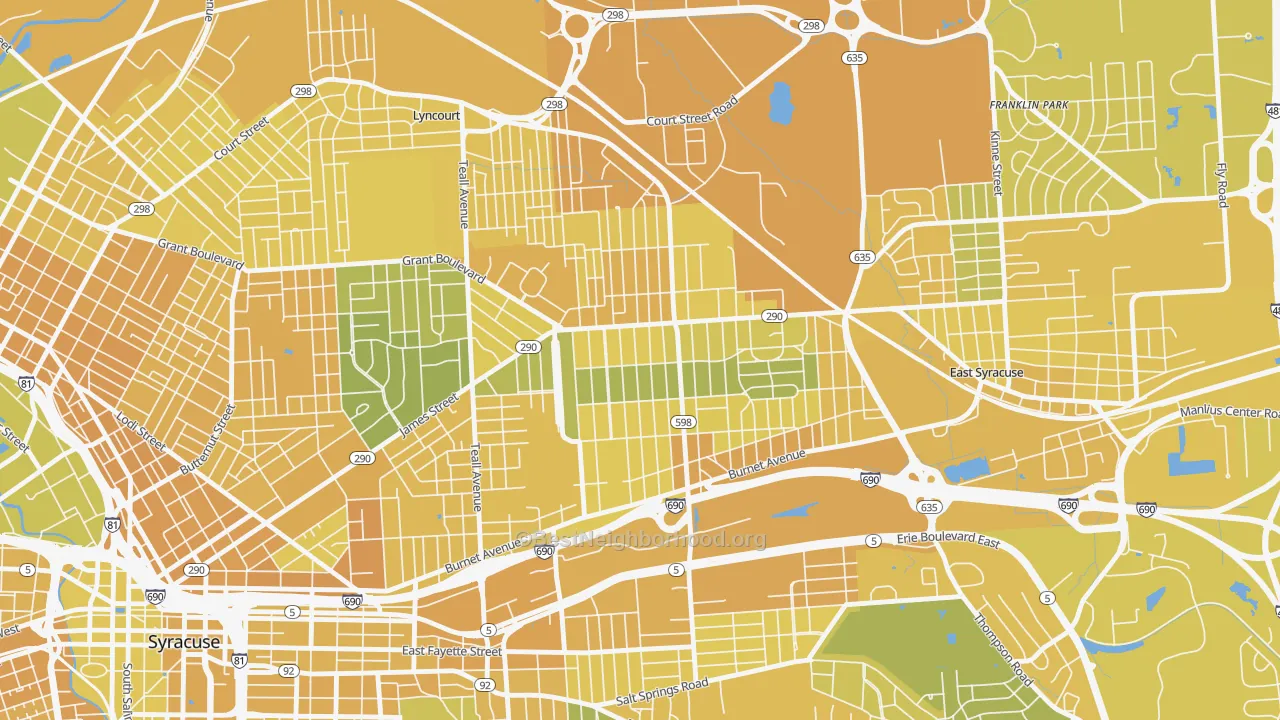 Map of the best neighborhoods in the Eastwood, Syracuse area, with better matches in green and worse matches in red