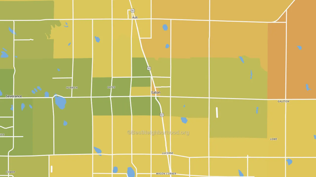 Map of the best neighborhoods in the Eaton area, with better matches in green and worse matches in red