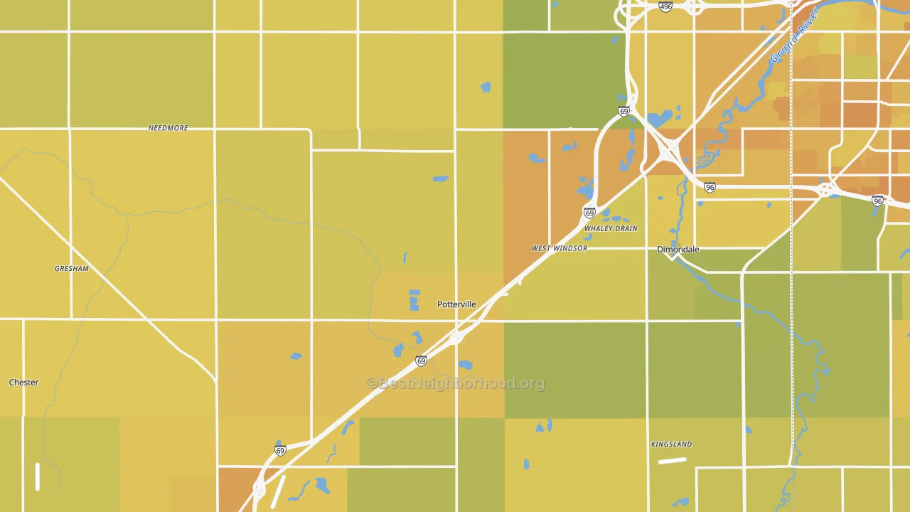 Map of the best neighborhoods in the Eaton County area, with better matches in green and worse matches in red