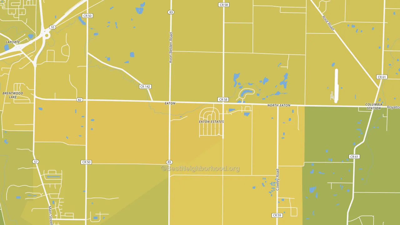 Map of the best neighborhoods in the Eaton Estates area, with better matches in green and worse matches in red