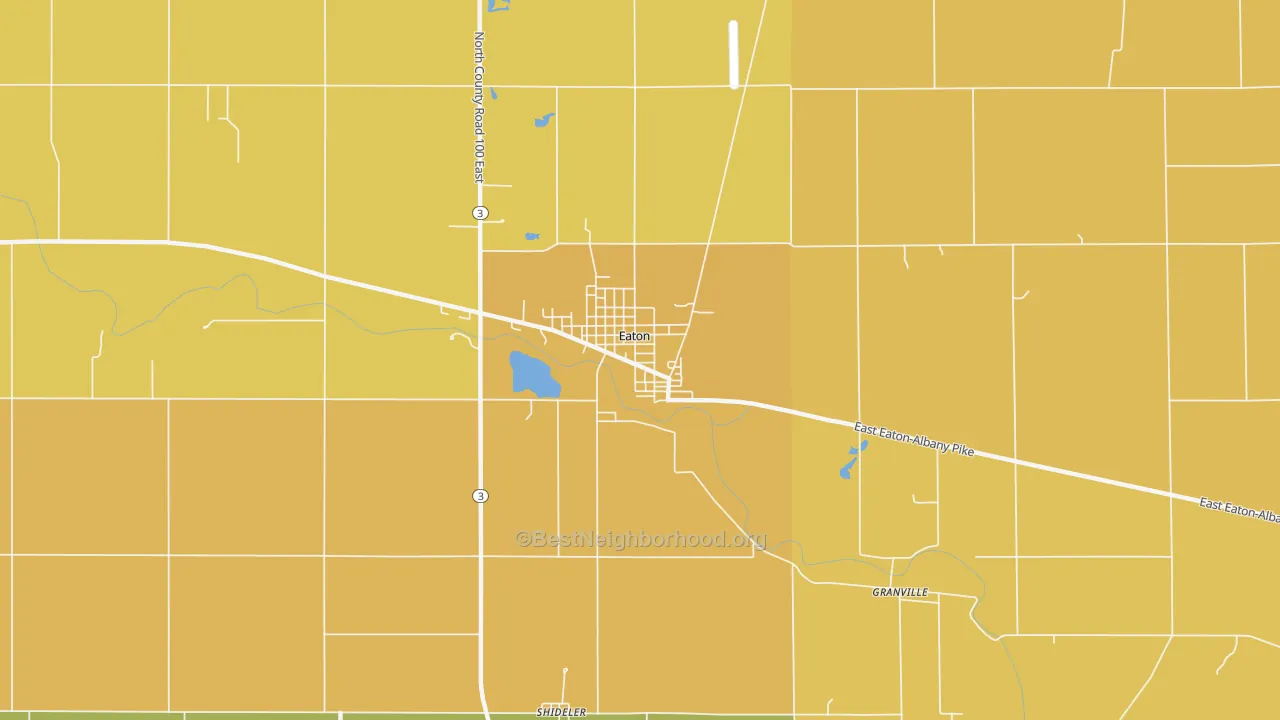 Map of the best neighborhoods in the Eaton area, with better matches in green and worse matches in red