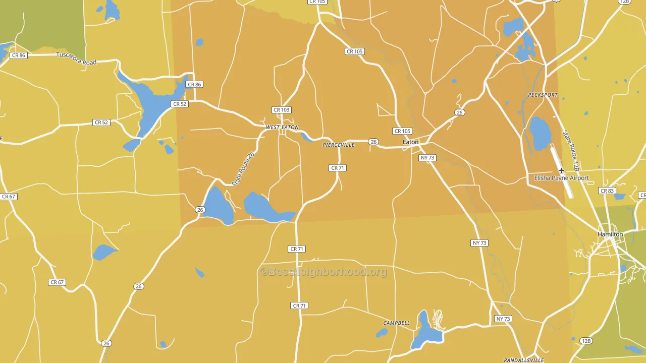 Map of the best neighborhoods in the Eaton area, with better matches in green and worse matches in red