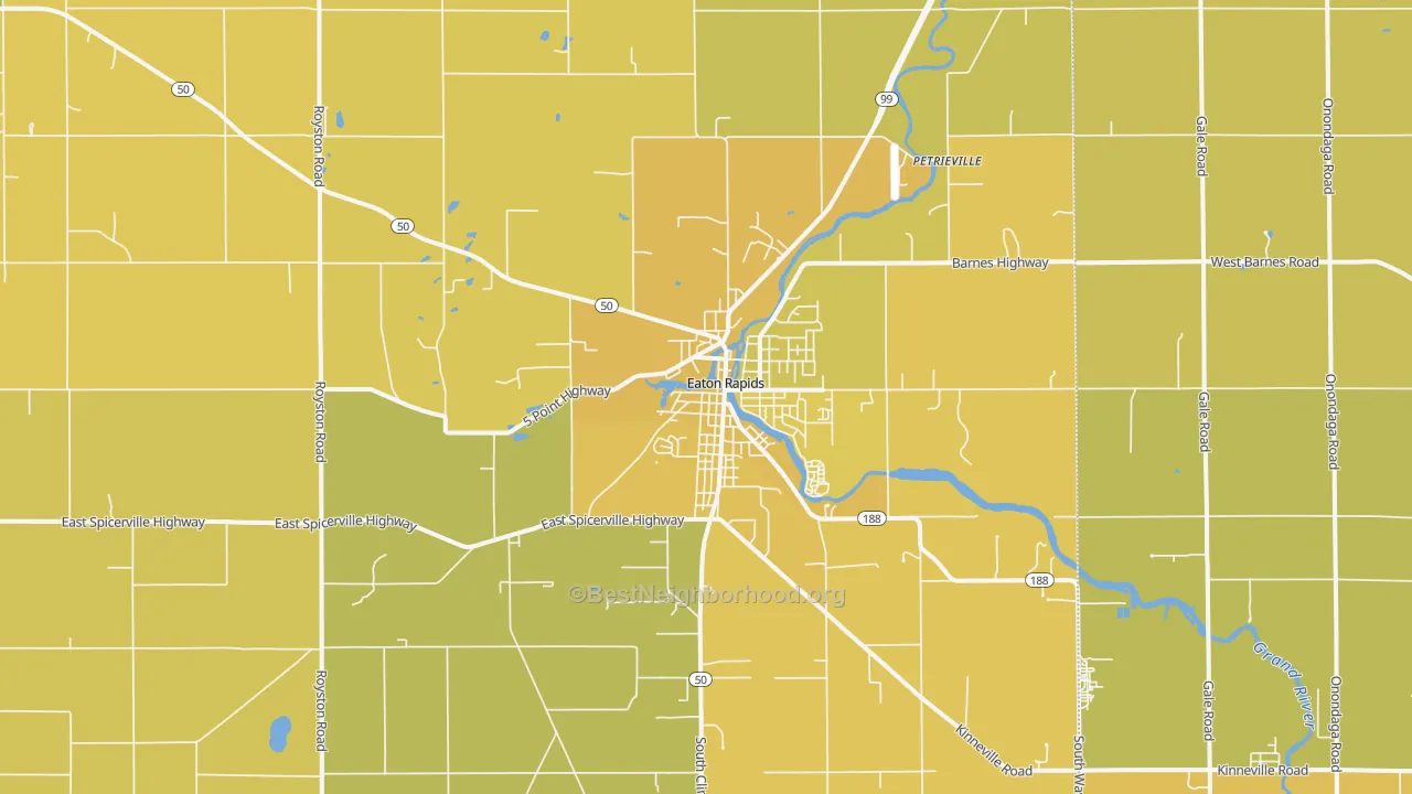 Map of the best neighborhoods in the Eaton Rapids area, with better matches in green and worse matches in red