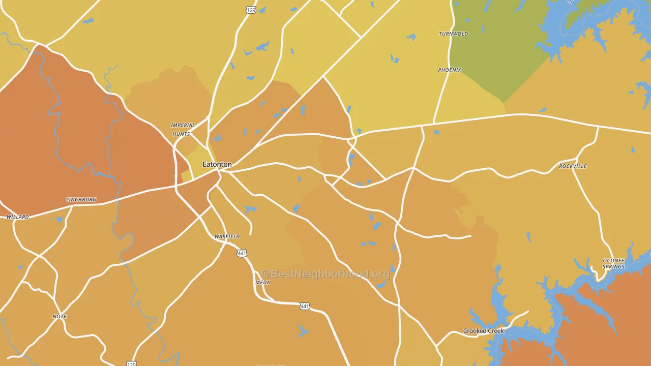 Map of the best neighborhoods in the Eatonton area, with better matches in green and worse matches in red