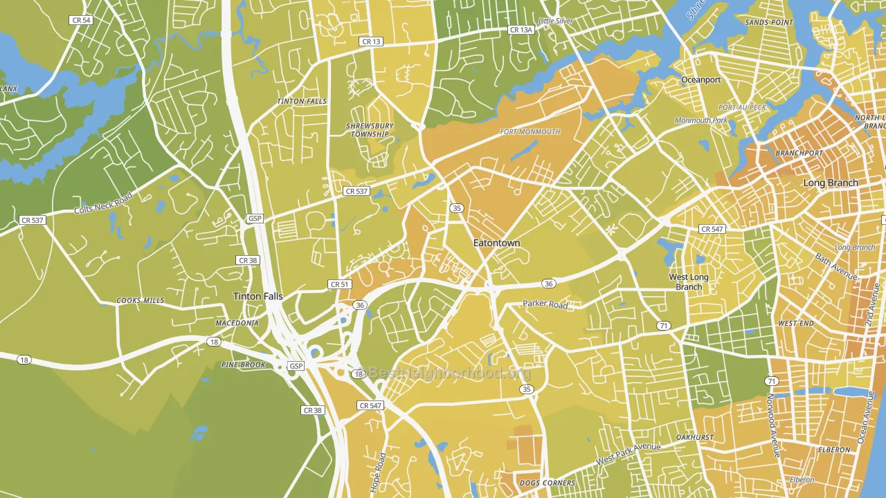 Map of the best neighborhoods in the Eatontown area, with better matches in green and worse matches in red