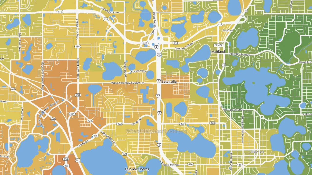 Map of the best neighborhoods in the Eatonville area, with better matches in green and worse matches in red