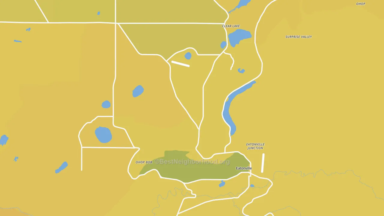 Map of the best neighborhoods in the Eatonville area, with better matches in green and worse matches in red