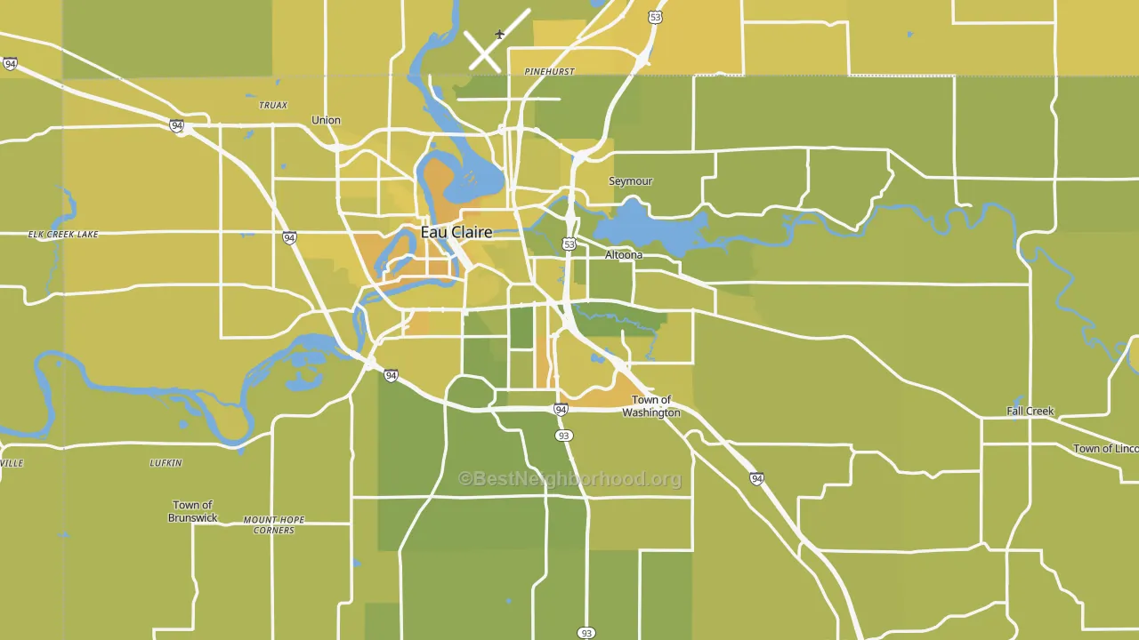 Map of the best neighborhoods in the Eau Claire County area, with better matches in green and worse matches in red