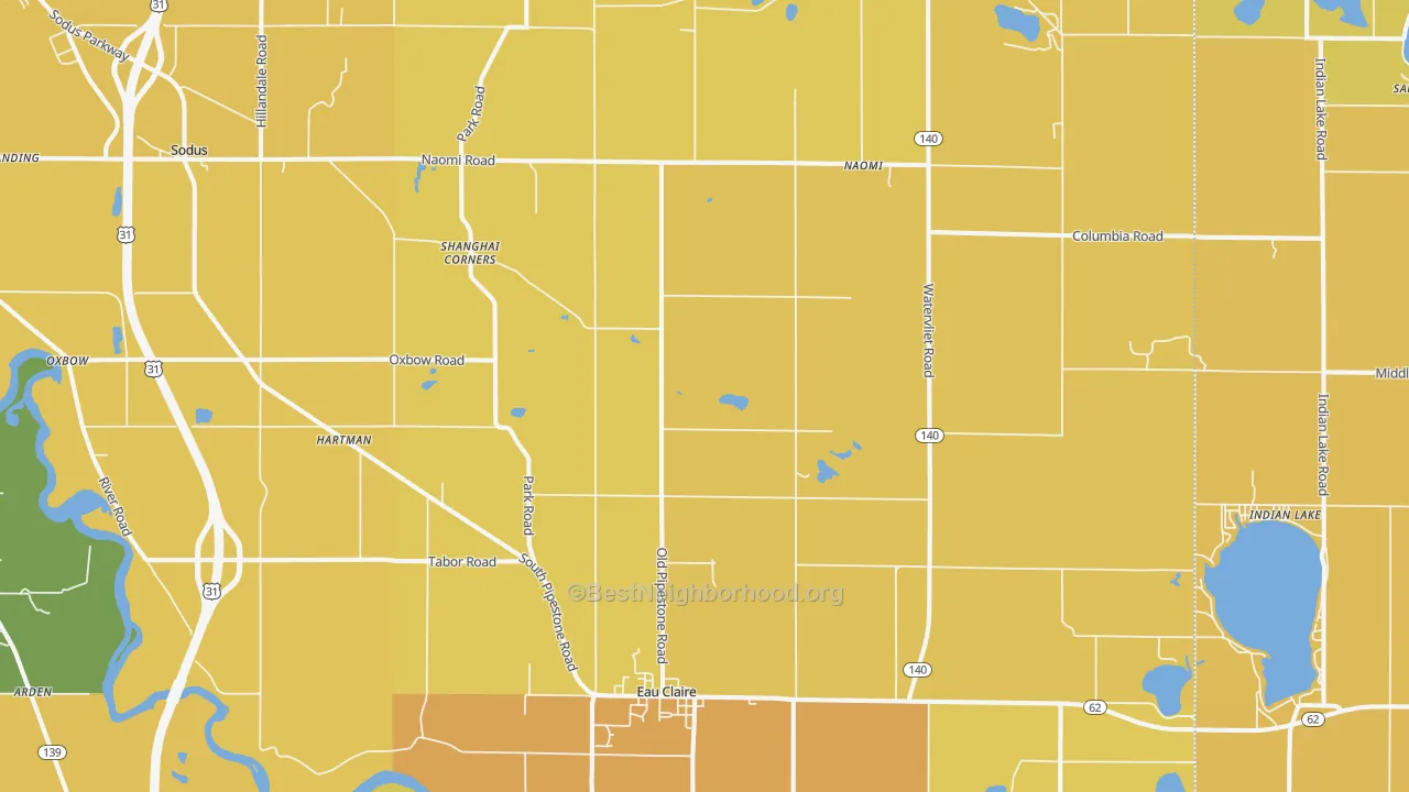 Map of the best neighborhoods in the Eau Claire area, with better matches in green and worse matches in red