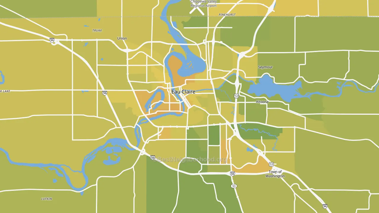 Map of the best neighborhoods in the Eau Claire Metro area, with better matches in green and worse matches in red