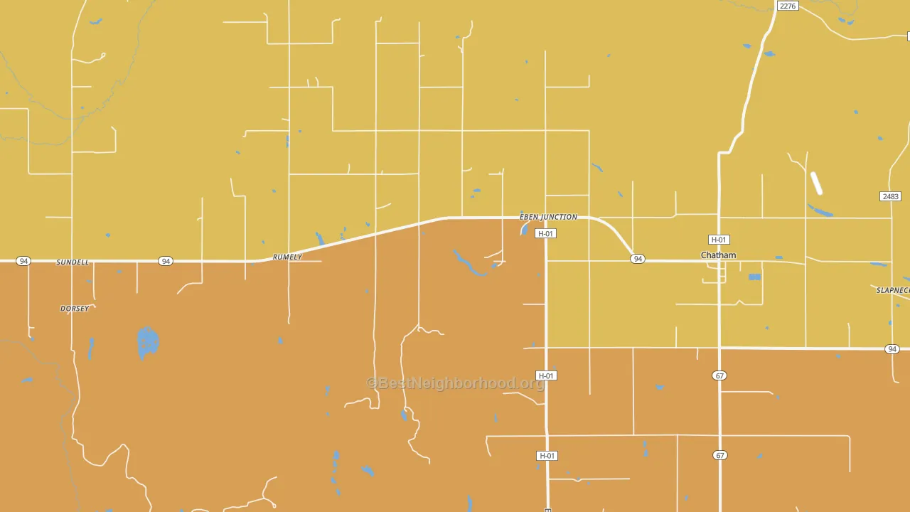 Map of the best neighborhoods in the Eben Junction area, with better matches in green and worse matches in red
